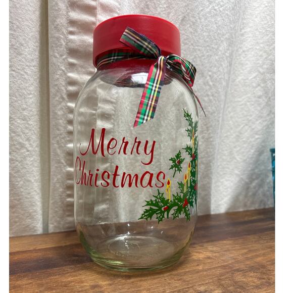 VTG Carlton Glass USA 3 Liter Merry Christmas Holiday Canister Cookie Candy Jar - Picture 1 of 9